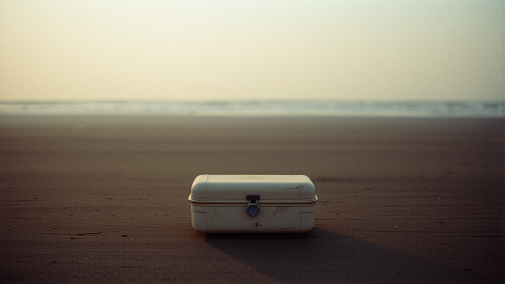 OLAS hero — bone carry-on on wet sand at coastal sunrise, desktop 16:9